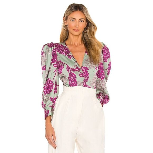 PatBO Celia Print Plunge Bodysuit Aqua Floral Long Sleeve - Picture 2 of 5